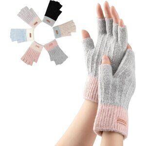 Women's Gray Half Finger Fingerless Knitted Fall Winter Warm Mittens Gloves